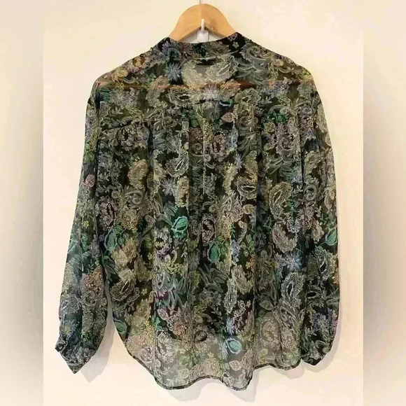 ZARA Floral Sheer Button  Down Collarless Shirt - Picture 5 of 7